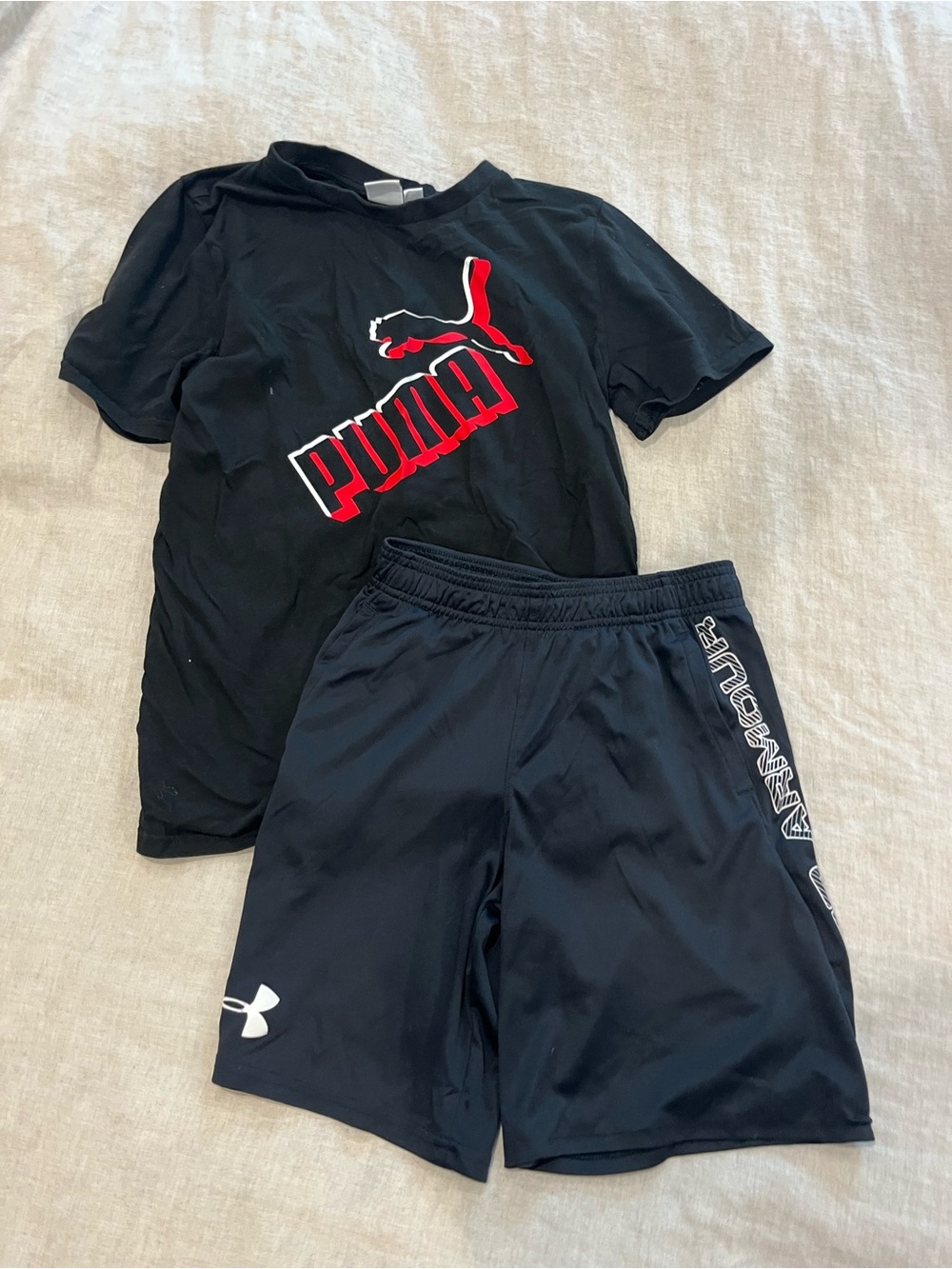 Puma Black T-Shirt with Red and White Logo and Under Armour boys athletic shorts